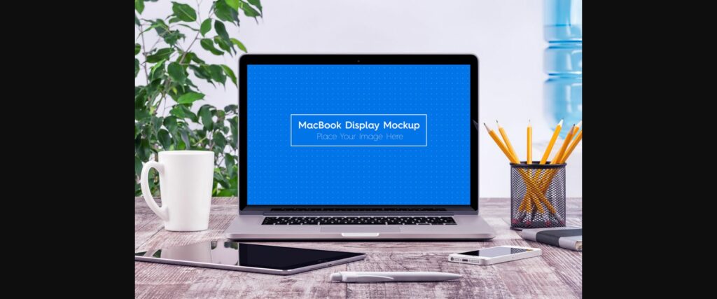 5 Workplace MacBook Display Mockups Poster 1