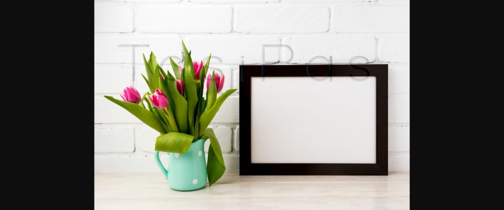 Black Brown Landscape Frame Mockup with Magenta Tulips in Mint Green Pitcher. Poster 4