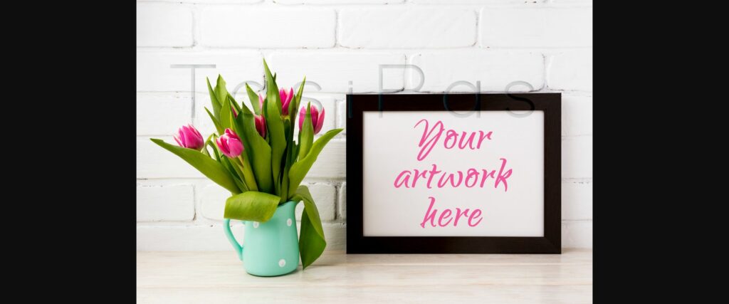 Black Brown Landscape Frame Mockup with Magenta Tulips in Mint Green Pitcher. Poster 1