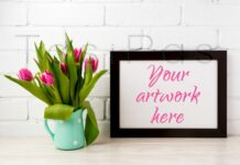 Black Brown Landscape Frame Mockup with Magenta Tulips in Mint Green Pitcher. Poster 1