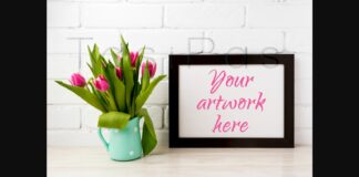 Black Brown Landscape Frame Mockup with Magenta Tulips in Mint Green Pitcher. Poster 1