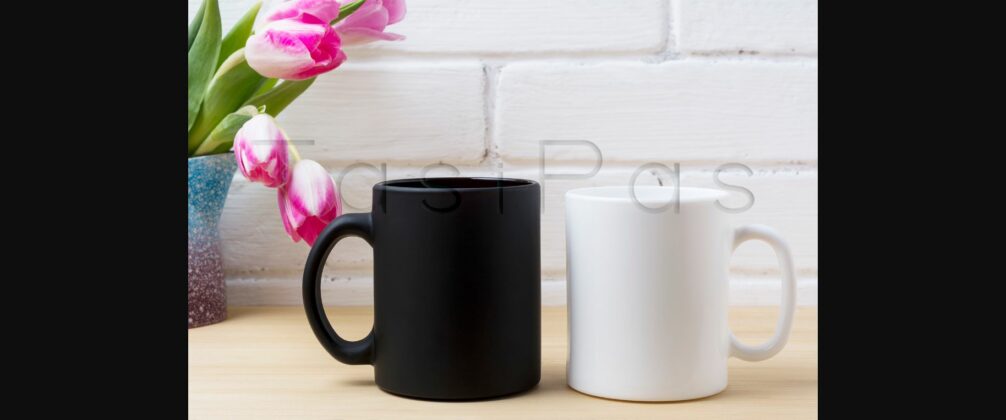 Black Coffee Mug and White Cappuccino Cup Mockup with Pink Tulips Poster 4