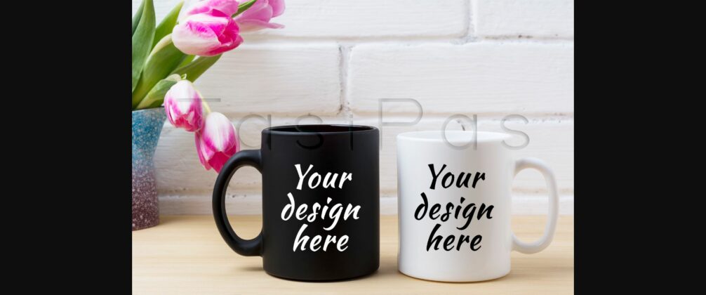 Black Coffee Mug and White Cappuccino Cup Mockup with Pink Tulips Poster 1