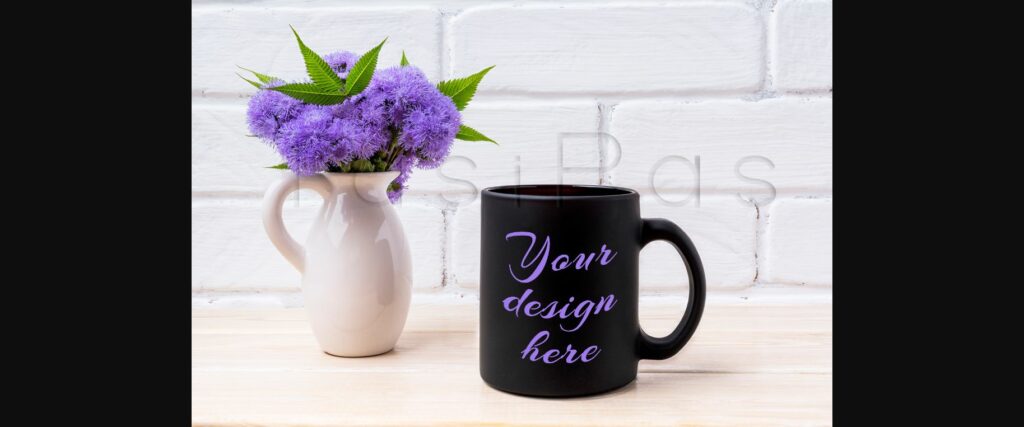 Black Coffee Mug Mockup with Blue Ageratum in Pitcher Poster 4