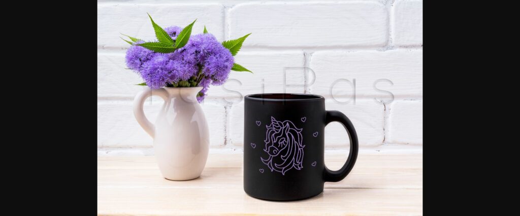 Black Coffee Mug Mockup with Blue Ageratum in Pitcher Poster 1