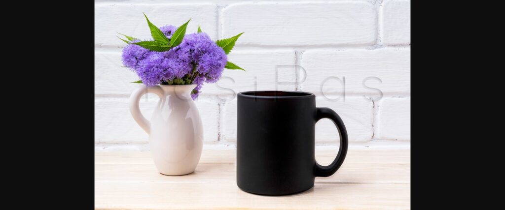 Black Coffee Mug Mockup with Blue Ageratum in Pitcher Poster 5