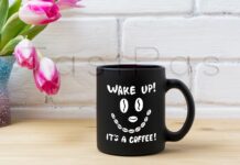 Black Coffee Mug Mockup with Magenta Tulip Poster 1