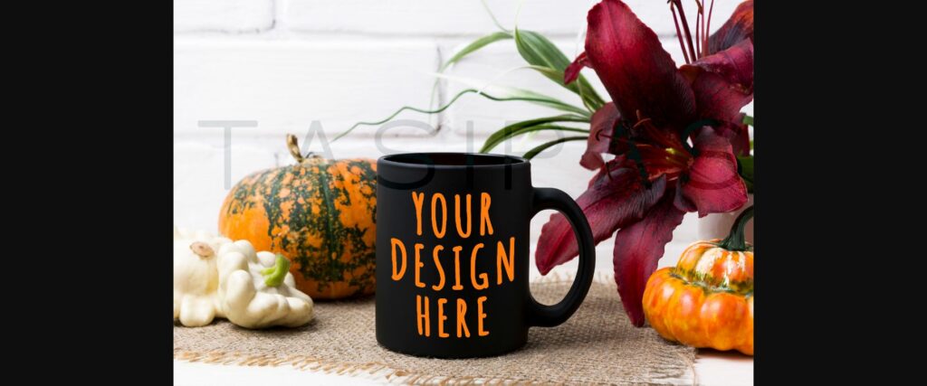 Black Coffee Mug Mockup with Pumpkin and Red Lily Poster 1