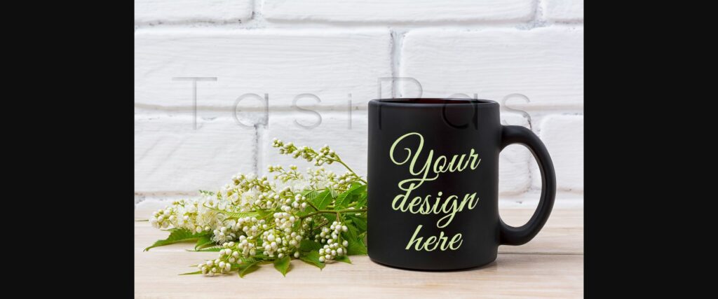 Black Coffee Mug Mockup with White Spiraea Flowers Poster 4