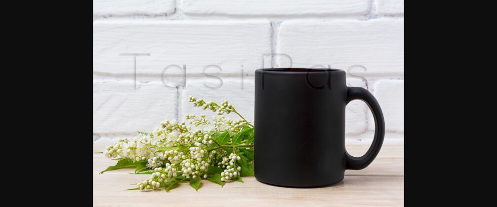 Black Coffee Mug Mockup with White Spiraea Flowers Poster 5