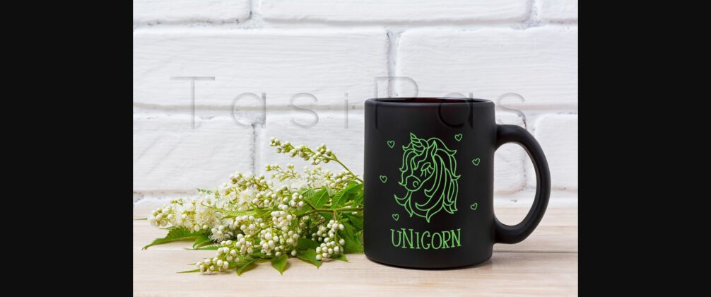 Black Coffee Mug Mockup with White Spiraea Flowers Poster 3