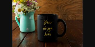 Black Coffee Mug Rustic Mockup with Wildflowers in Mint Green Vase Poster 1