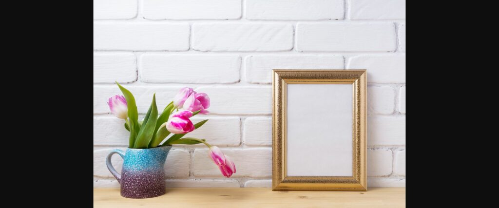 Gold Decorated Frame Mockup with Magenta Pink Tulips. Poster 4