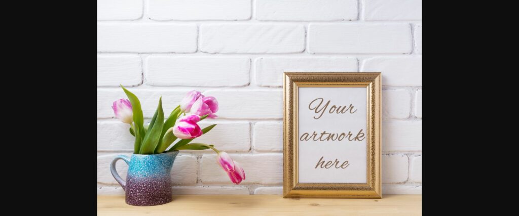 Gold Decorated Frame Mockup with Magenta Pink Tulips. Poster 1