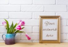 Gold Decorated Frame Mockup with Magenta Pink Tulips. Poster 1