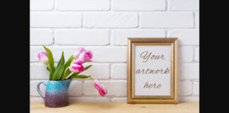 Gold Decorated Frame Mockup with Magenta Pink Tulips. Poster 1