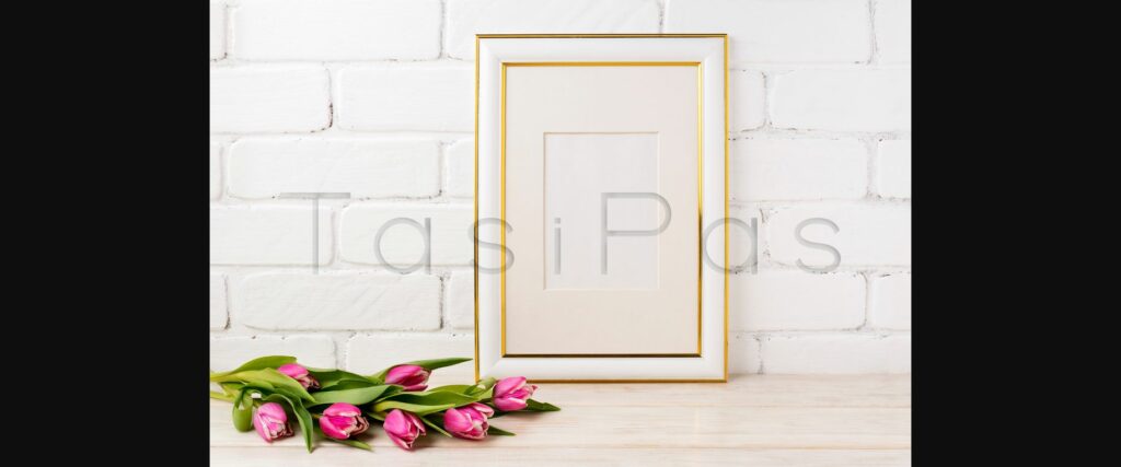 Gold Decorated Frame Mockup with Magenta Tulips Bouquet Poster 5