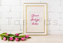 Gold Decorated Frame Mockup with Magenta Tulips Bouquet Poster 1