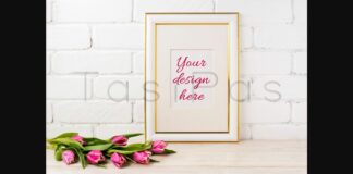 Gold Decorated Frame Mockup with Magenta Tulips Bouquet Poster 1