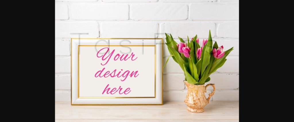 Gold Decorated Landscape Frame Mockup with Bright Pink Tulips in Golden Vase Poster 4