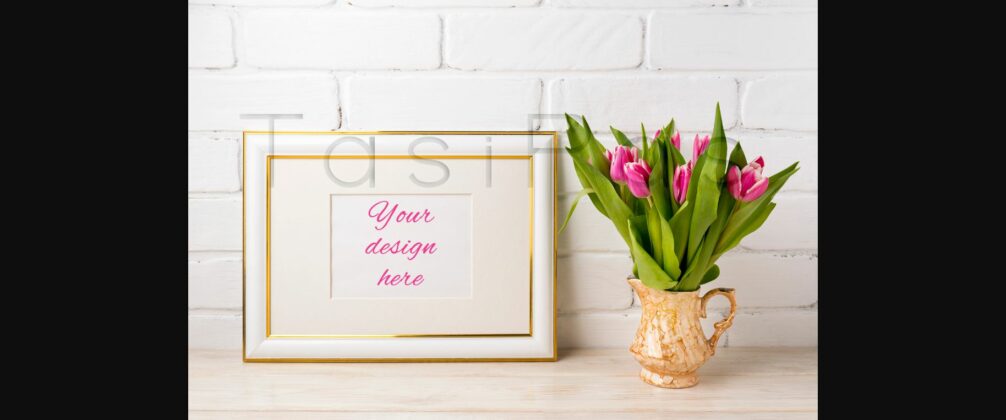 Gold Decorated Landscape Frame Mockup with Bright Pink Tulips in Golden Vase Poster 1