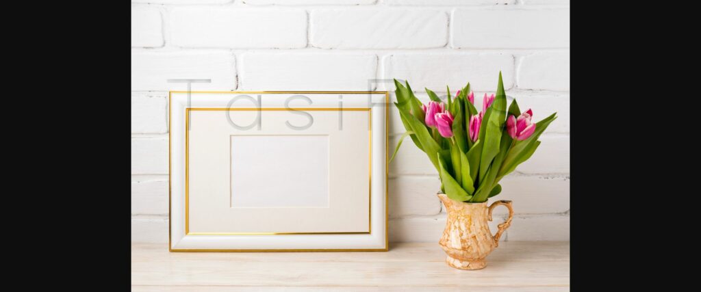 Gold Decorated Landscape Frame Mockup with Bright Pink Tulips in Golden Vase Poster 5