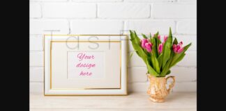 Gold Decorated Landscape Frame Mockup with Bright Pink Tulips in Golden Vase Poster 1