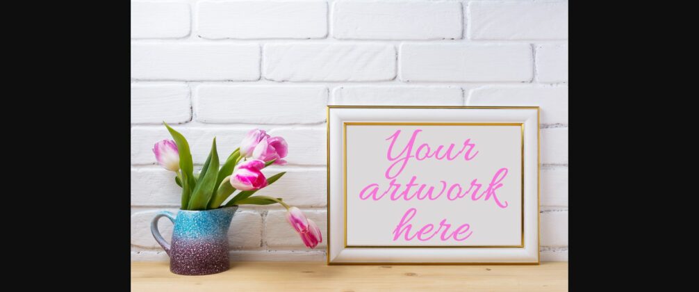 Gold Decorated Landscape Frame Mockup with Magenta Tulips. Poster 4