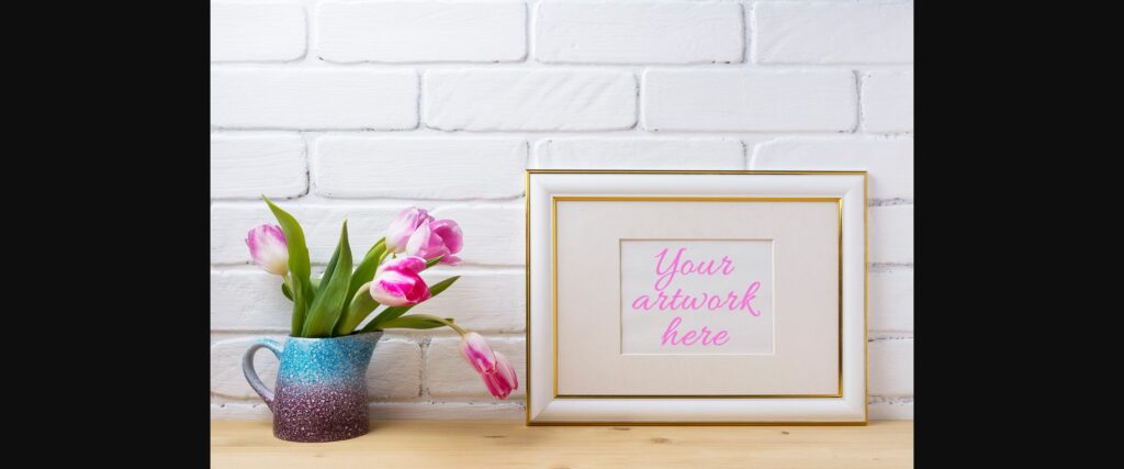 Gold Decorated Landscape Frame Mockup with Magenta Tulips. Poster 1