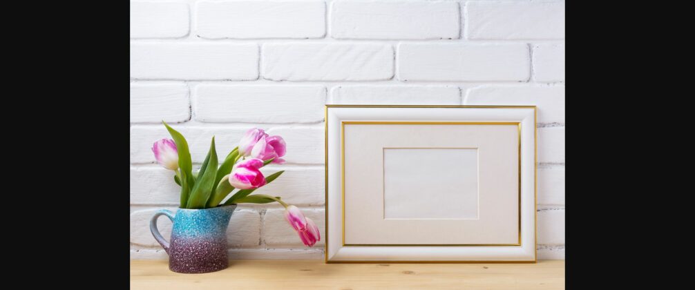 Gold Decorated Landscape Frame Mockup with Magenta Tulips. Poster 5