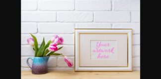 Gold Decorated Landscape Frame Mockup with Magenta Tulips. Poster 1