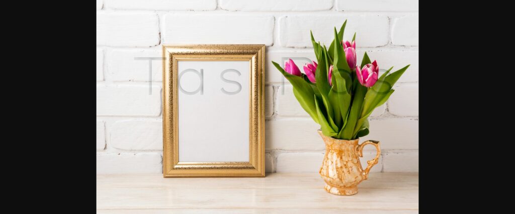 Golden Frame Mockup with Magenta Pink Tulips in Golden Vase Poster 4