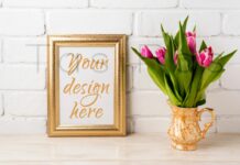 Golden Frame Mockup with Magenta Pink Tulips in Golden Vase Poster 1