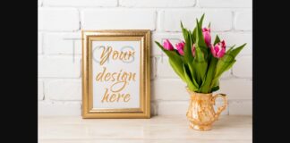 Golden Frame Mockup with Magenta Pink Tulips in Golden Vase Poster 1