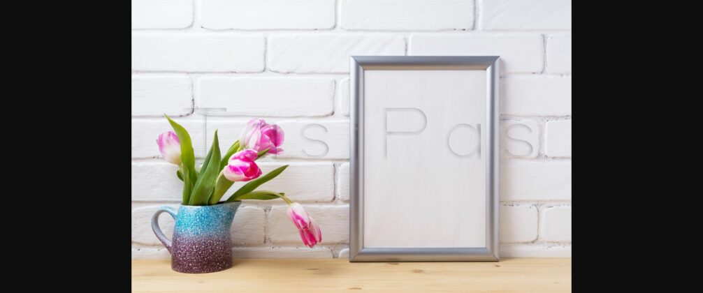 Silver Frame Mockup with Pink Tulip in Purple Blue Vase Poster 2