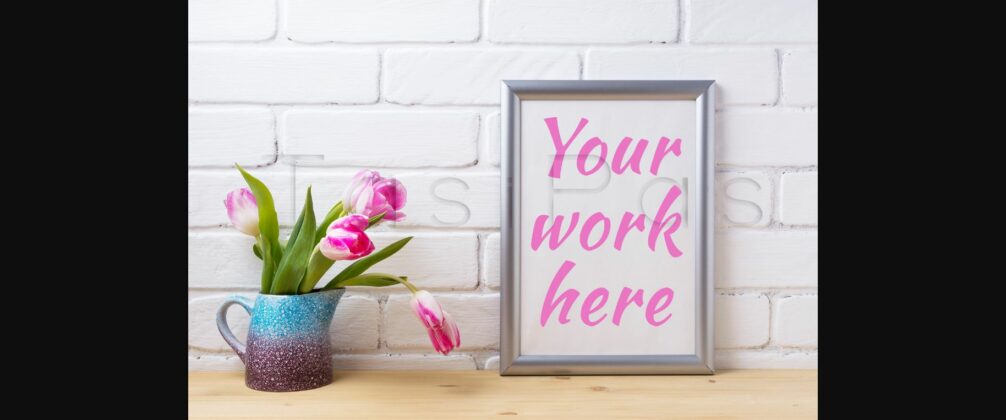 Silver Frame Mockup with Pink Tulip in Purple Blue Vase Poster 1