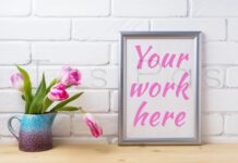 Silver Frame Mockup with Pink Tulip in Purple Blue Vase Poster 1