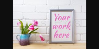 Silver Frame Mockup with Pink Tulip in Purple Blue Vase Poster 1