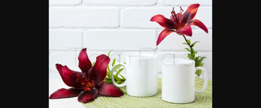 Two Coffee Mug Mockup with Burgundy Lily Poster 2