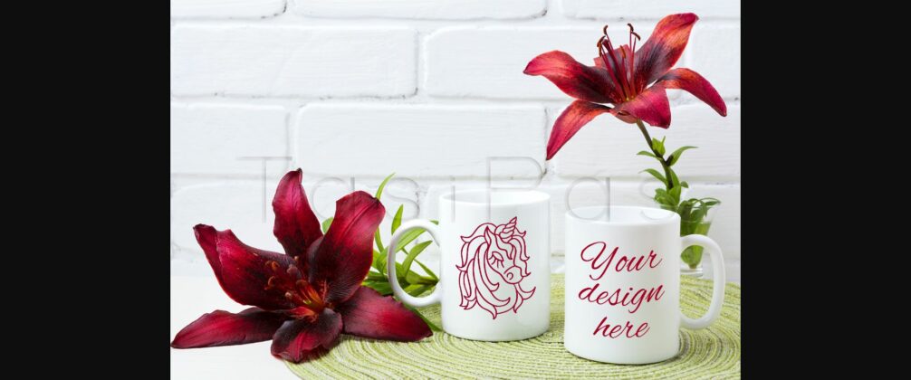 Two Coffee Mug Mockup with Burgundy Lily Poster 1