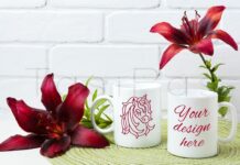 Two Coffee Mug Mockup with Burgundy Lily Poster 1