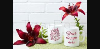 Two Coffee Mug Mockup with Burgundy Lily Poster 1