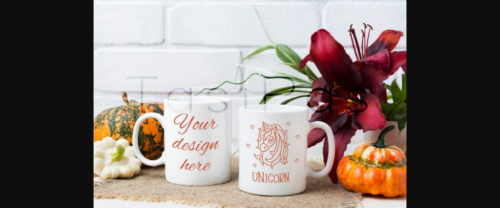 Two Coffee Mug Mockup with Pumpkins and Lily Poster 1