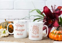 Two Coffee Mug Mockup with Pumpkins and Lily Poster 1