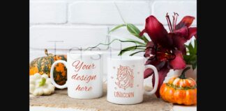 Two Coffee Mug Mockup with Pumpkins and Lily Poster 1