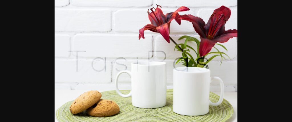 Two Coffee Mug Mockup with Red Lily and Cookie Poster 4