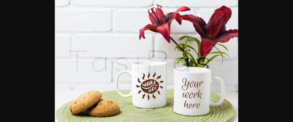 Two Coffee Mug Mockup with Red Lily and Cookie Poster 1