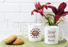 Two Coffee Mug Mockup with Red Lily and Cookie Poster 1