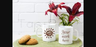 Two Coffee Mug Mockup with Red Lily and Cookie Poster 1