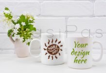 Two White Coffee Mug Mockup with Viburnum Flowers Poster 1